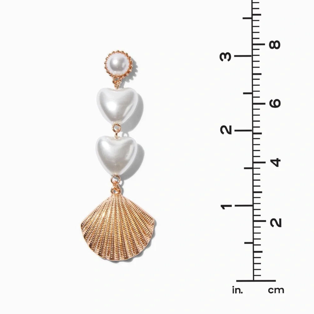 NWOT Heart Pearl & Gold-tone Seashell 3" Drop Earrings - Picture 3 of 3